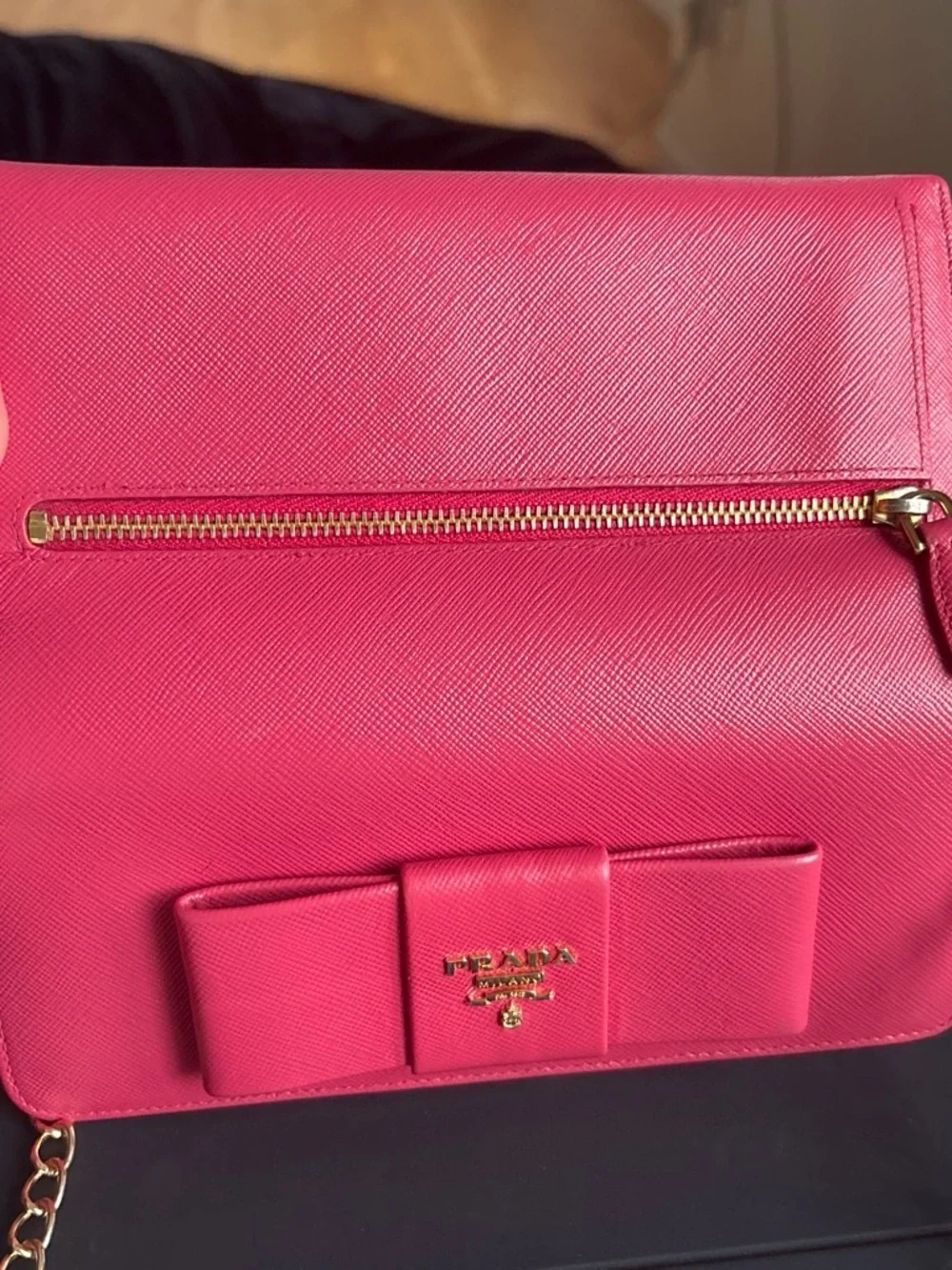 Prada Pink Saffiano Bow Wristlet with Gold Hardware